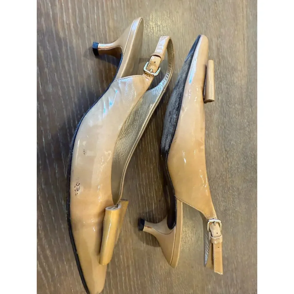 STUART WEITZMAN Tan Bow Kitten Slingback Heels Women 8.5 Fair condition